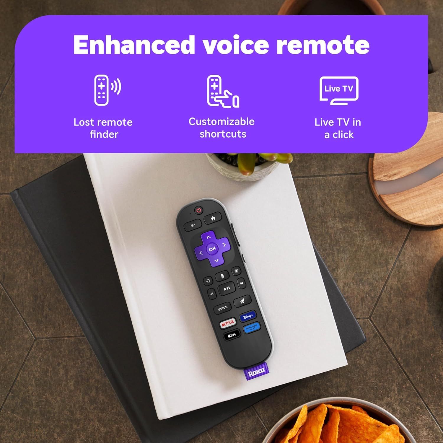 Highlights three distinct benefits of the enhanced voice remote: the ability to find a lost remote, customizable shortcuts for quick access, and one-click Live TV functionality.