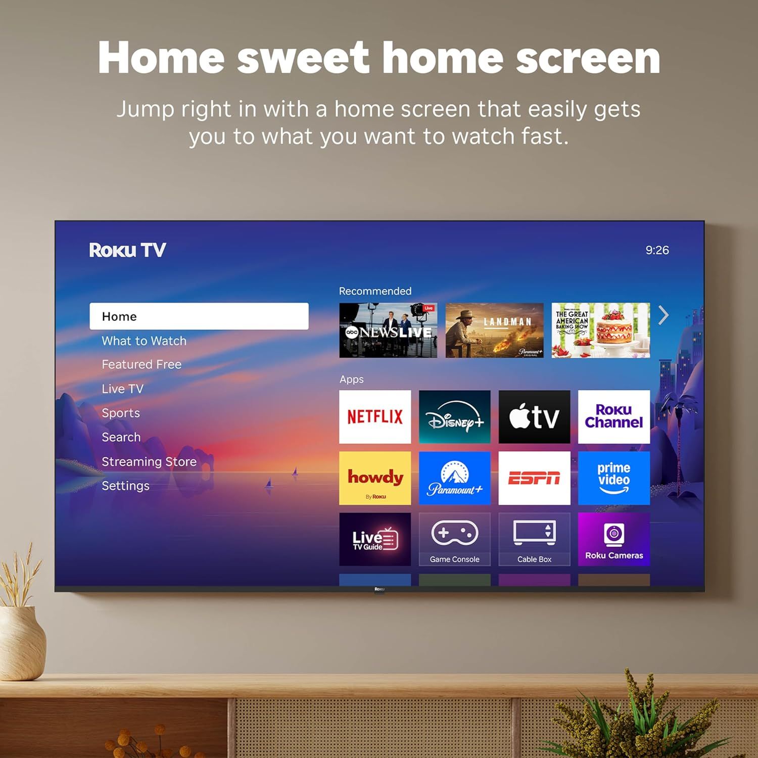 Demonstrates the intuitive home screen interface that allows users to quickly access their desired content, emphasizing ease of use and fast navigation.