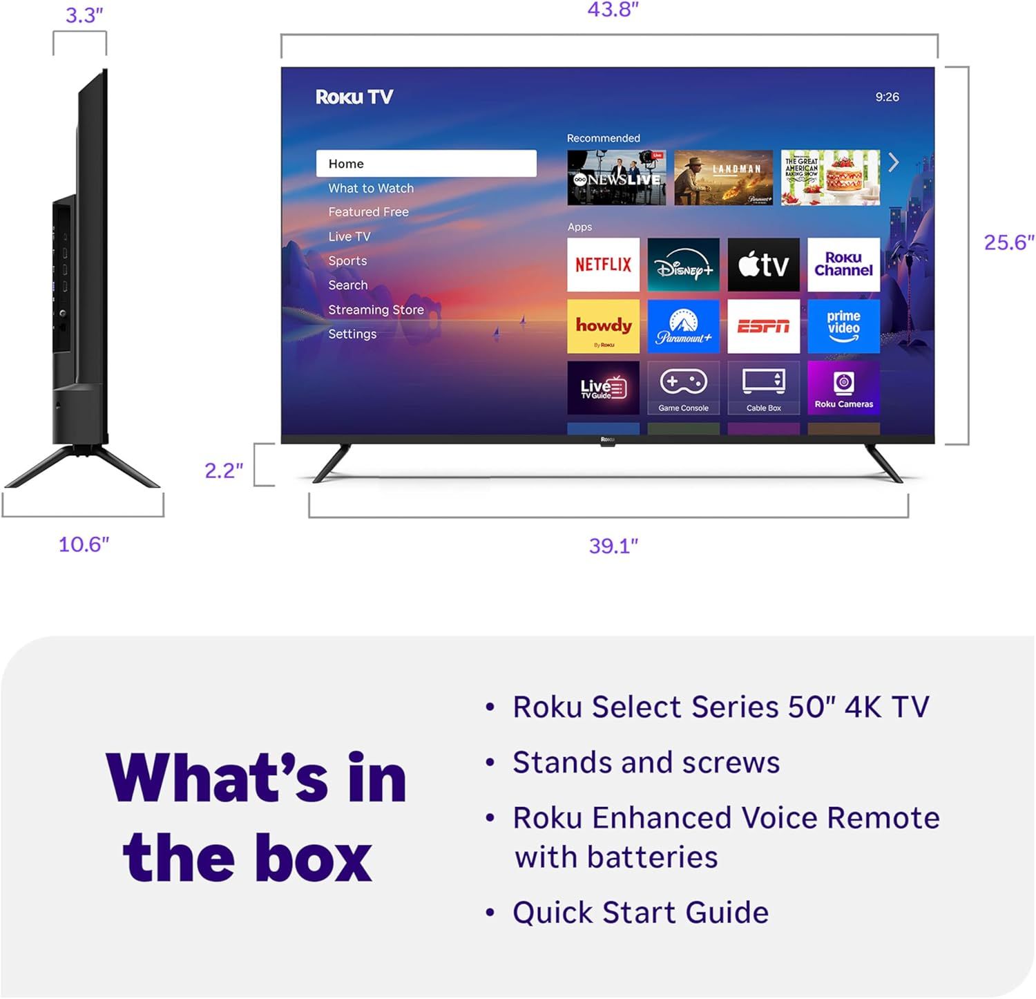 Communicates the exact physical dimensions of the TV from multiple angles (width, height, depth, stand width) to help shoppers understand the product's size and ensure it fits their space. Shows…