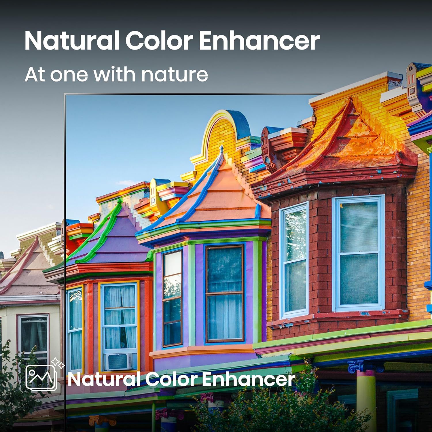 Demonstrates the visual transformation achieved by the product's natural color enhancement feature, showing how it makes colors more vibrant and vivid.