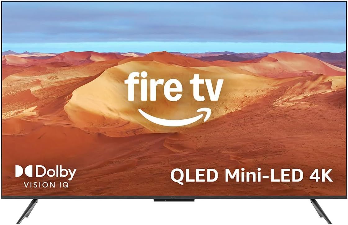 Communicates the Fire TV brand identity and key premium technology features (Dolby Vision IQ, QLED Mini-LED 4K) to establish brand recognition and position…