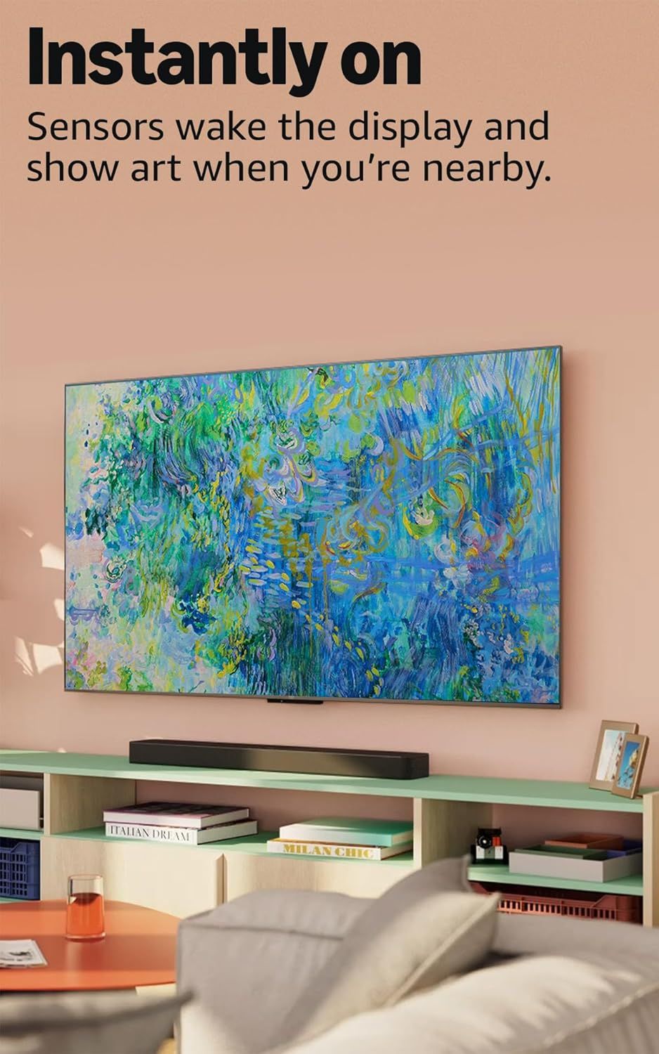 Communicates the convenience of automatic sensor activation that wakes the display and shows art when the user approaches, emphasizing ease of use and smart…