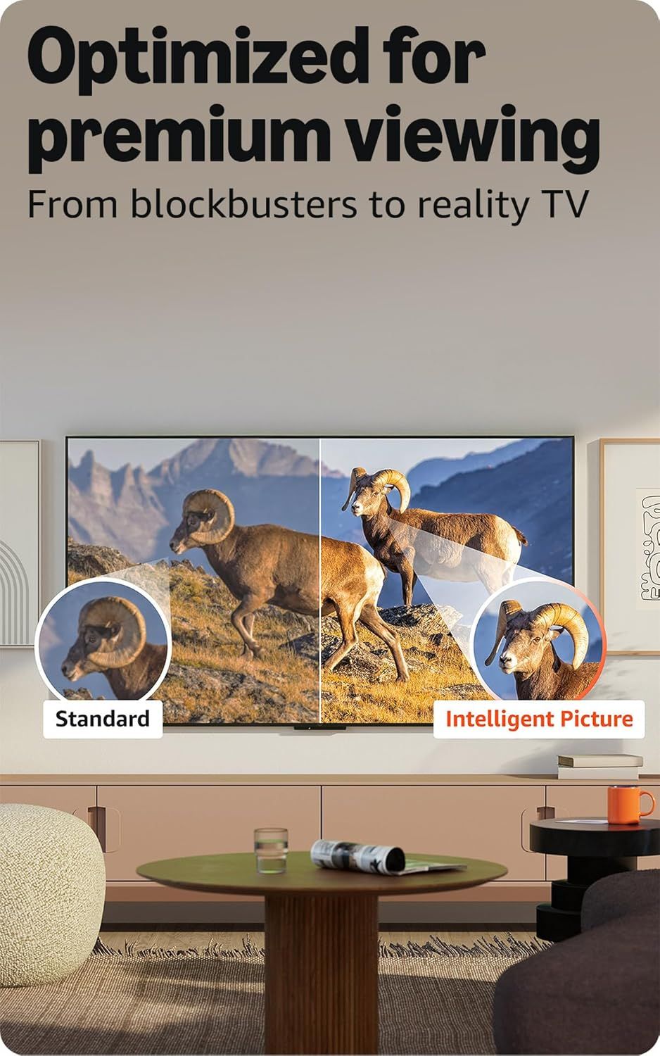 Demonstrates the superior picture quality of the product's 'Intelligent Picture' mode compared to standard viewing, reassuring shoppers that they will…