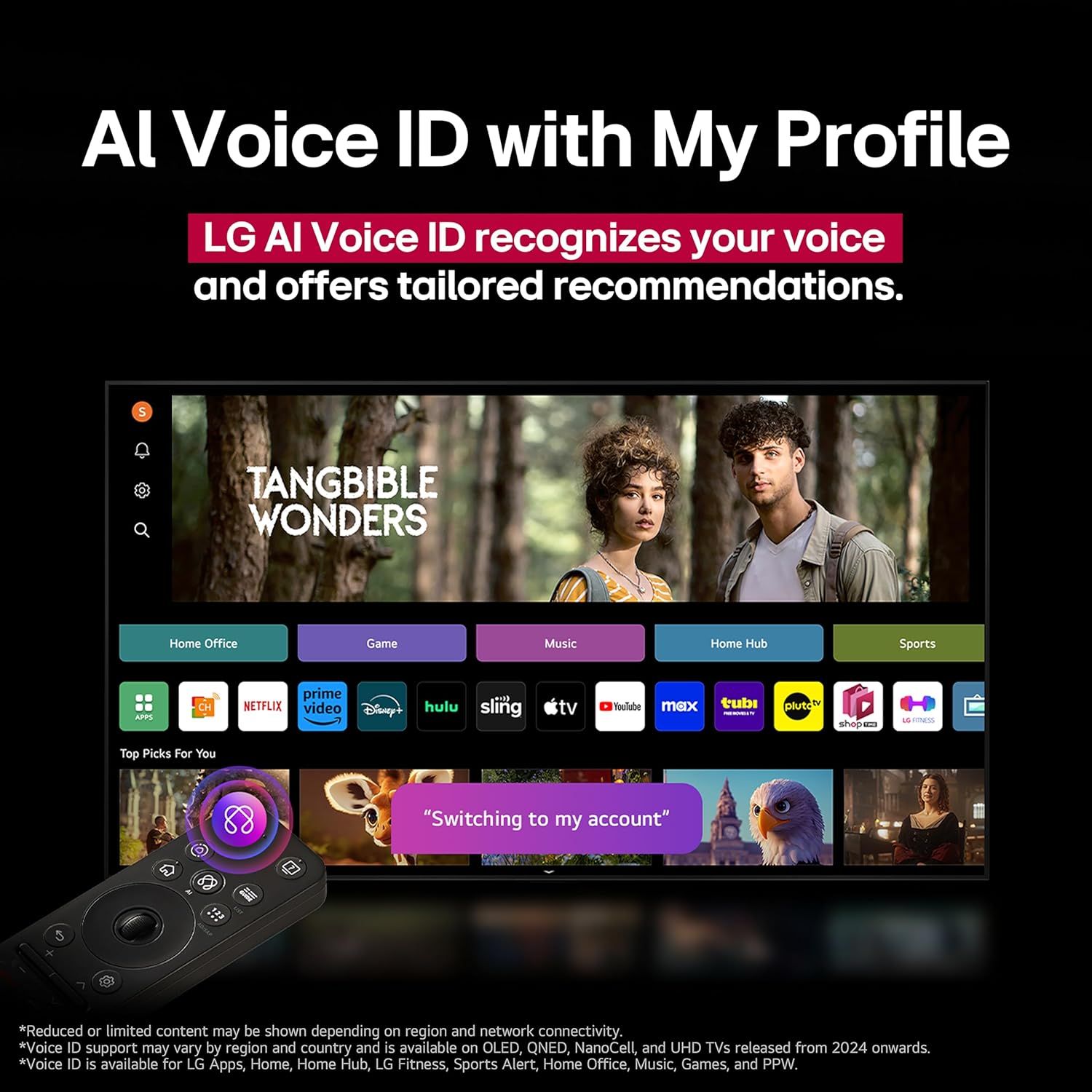 Highlights the LG AI Voice ID feature that recognizes individual users and provides tailored content recommendations, emphasizing personalization and smart user experience.