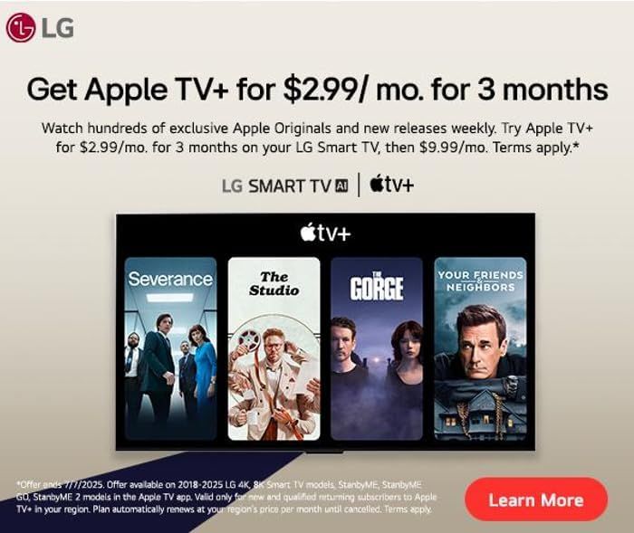 Promotes a brand partnership between LG Smart TV and Apple TV+, offering a special subscription deal to incentivize purchase and highlight the value-added service included with LG TVs.