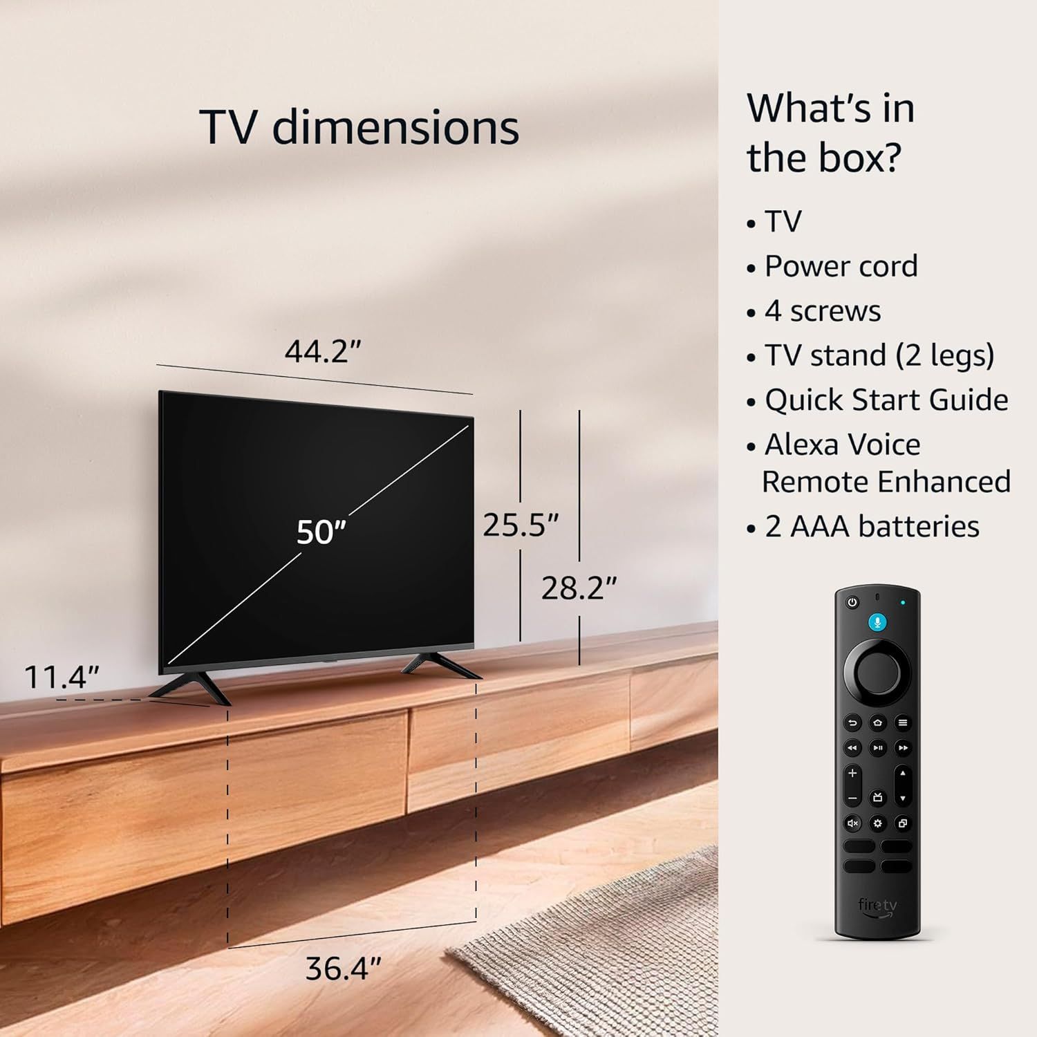 Provides exact physical measurements of the TV (50-inch diagonal, 44.2-inch width, 25.5-inch height, 11.4-inch stand height, 36.4-inch stand width) to help…