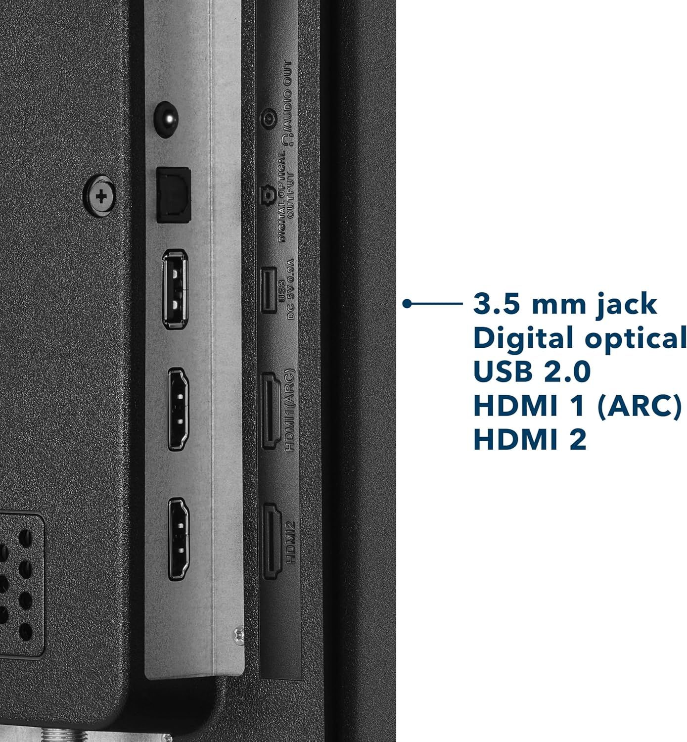 This image identifies and labels the specific ports and connectivity options available on the product, helping shoppers understand what devices and cables they can connect.