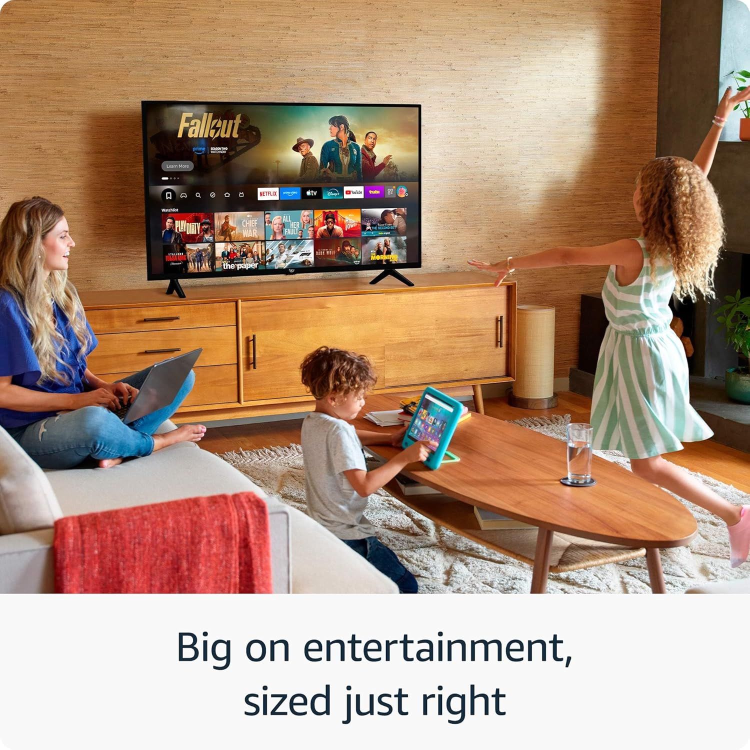 Communicates that the TV offers a balanced size that fits well in typical home environments while still delivering an immersive entertainment experience for…