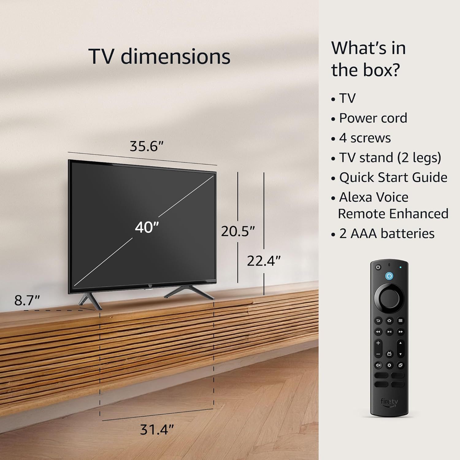 Provides exact physical dimensions of the TV (width, height, depth, diagonal screen size) to help shoppers understand the product's size and ensure it fits…