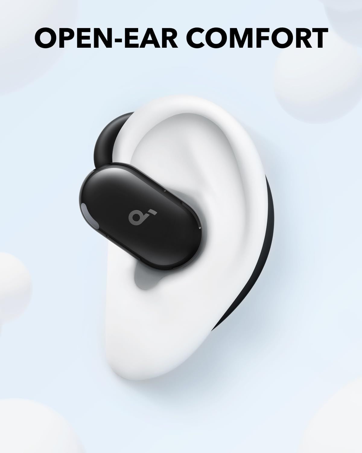 Highlights the open-ear comfort design of the earbuds, reassuring shoppers that the product is comfortable to wear and doesn't block the ear canal.