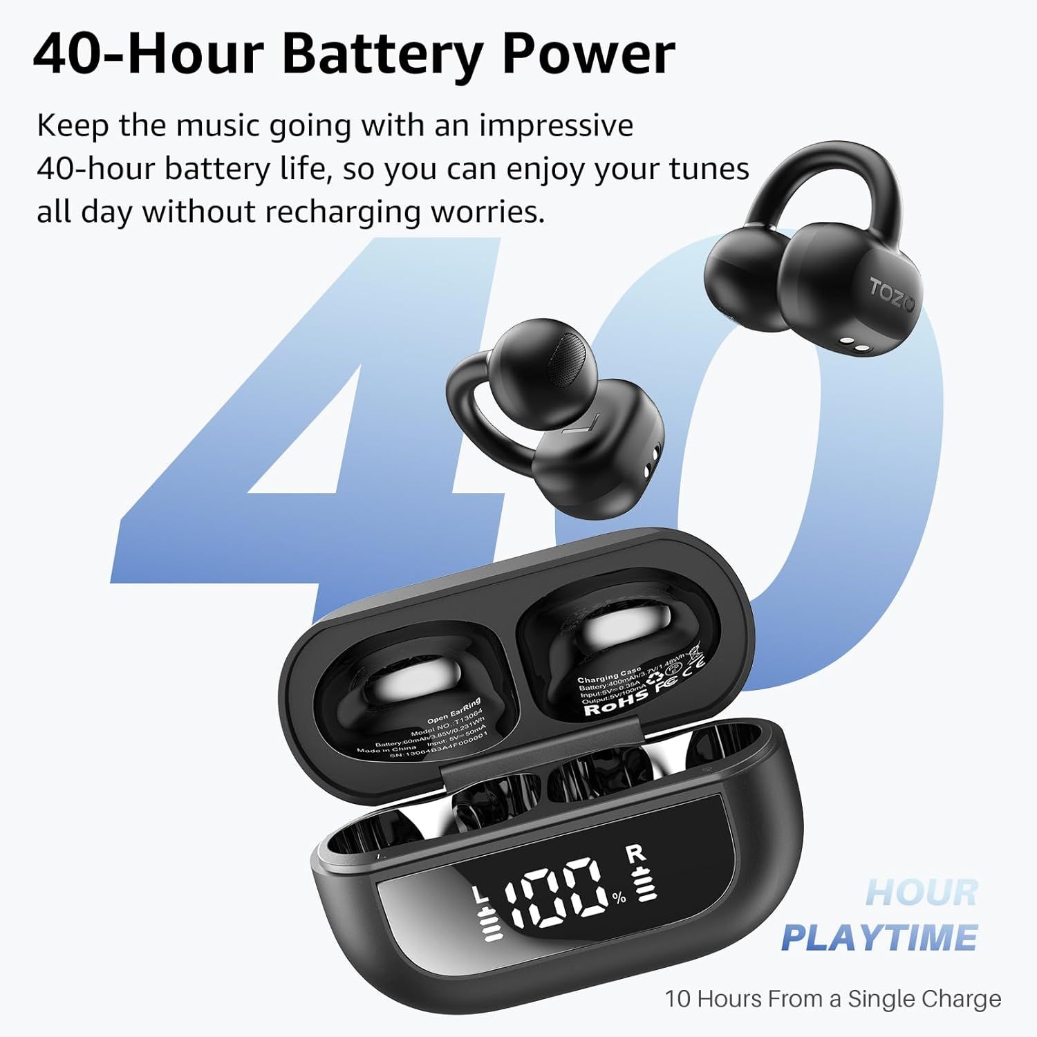 Highlights the impressive 40-hour battery life to reassure shoppers they can use the earbuds all day without frequent recharging. Communicates the key benefit of extended playtime, emphasizing…