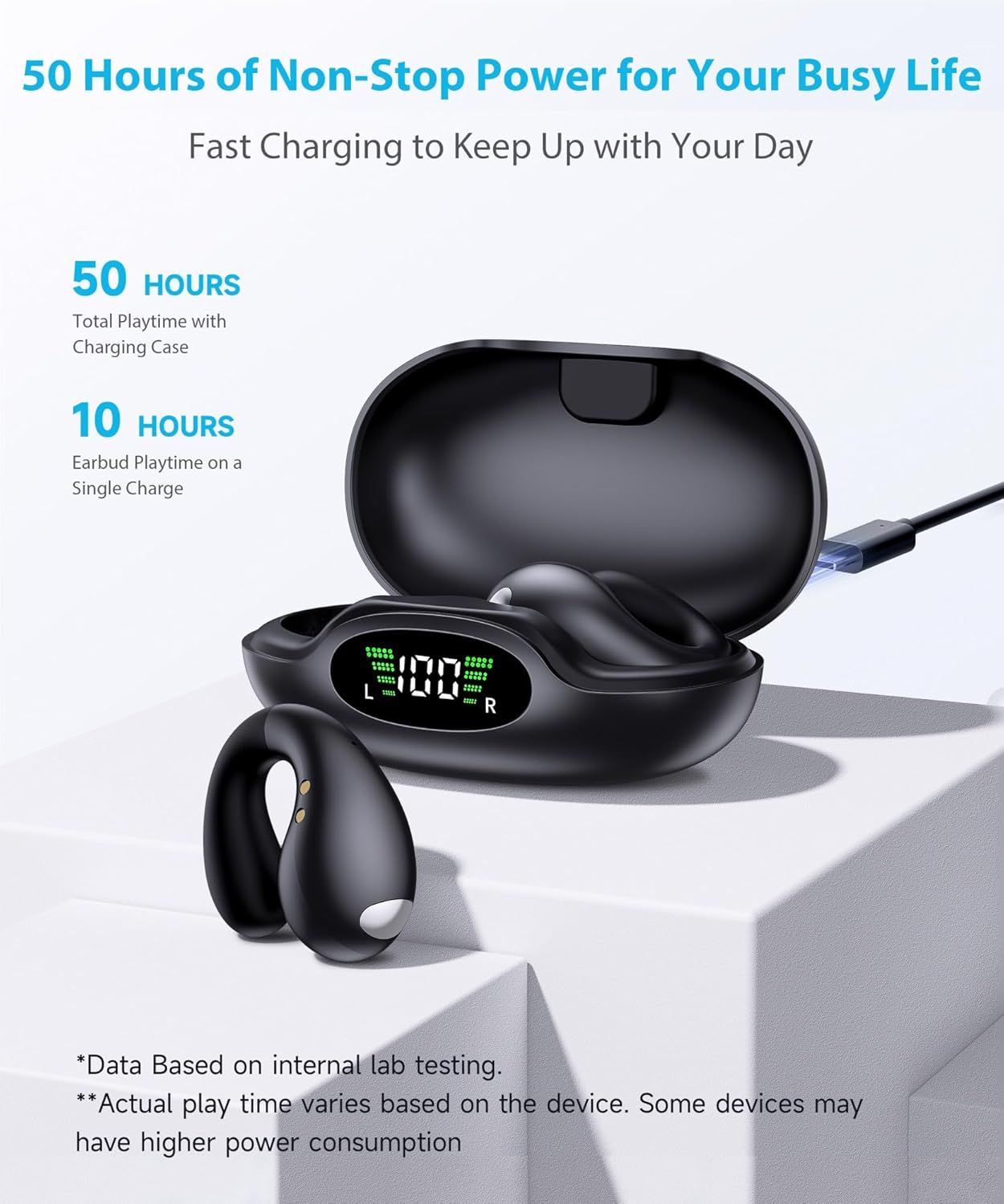 Communicates the impressive battery performance of the wireless earbuds, emphasizing long playtime and fast charging to reassure shoppers about reliability and convenience for busy lifestyles.…