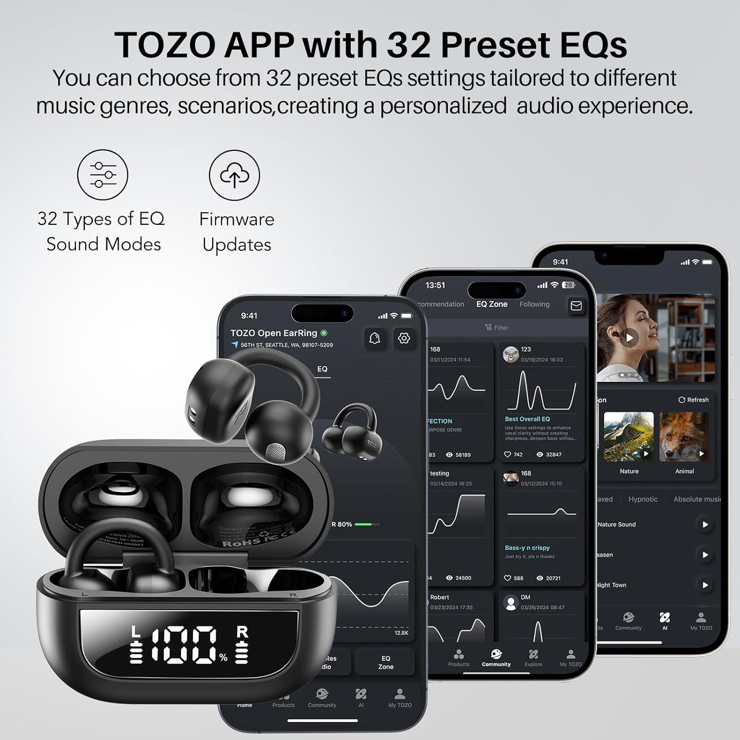 Communicates the product's advanced audio customization capabilities through the TOZO app, highlighting 32 preset EQ settings and firmware update functionality to reassure shoppers of a…