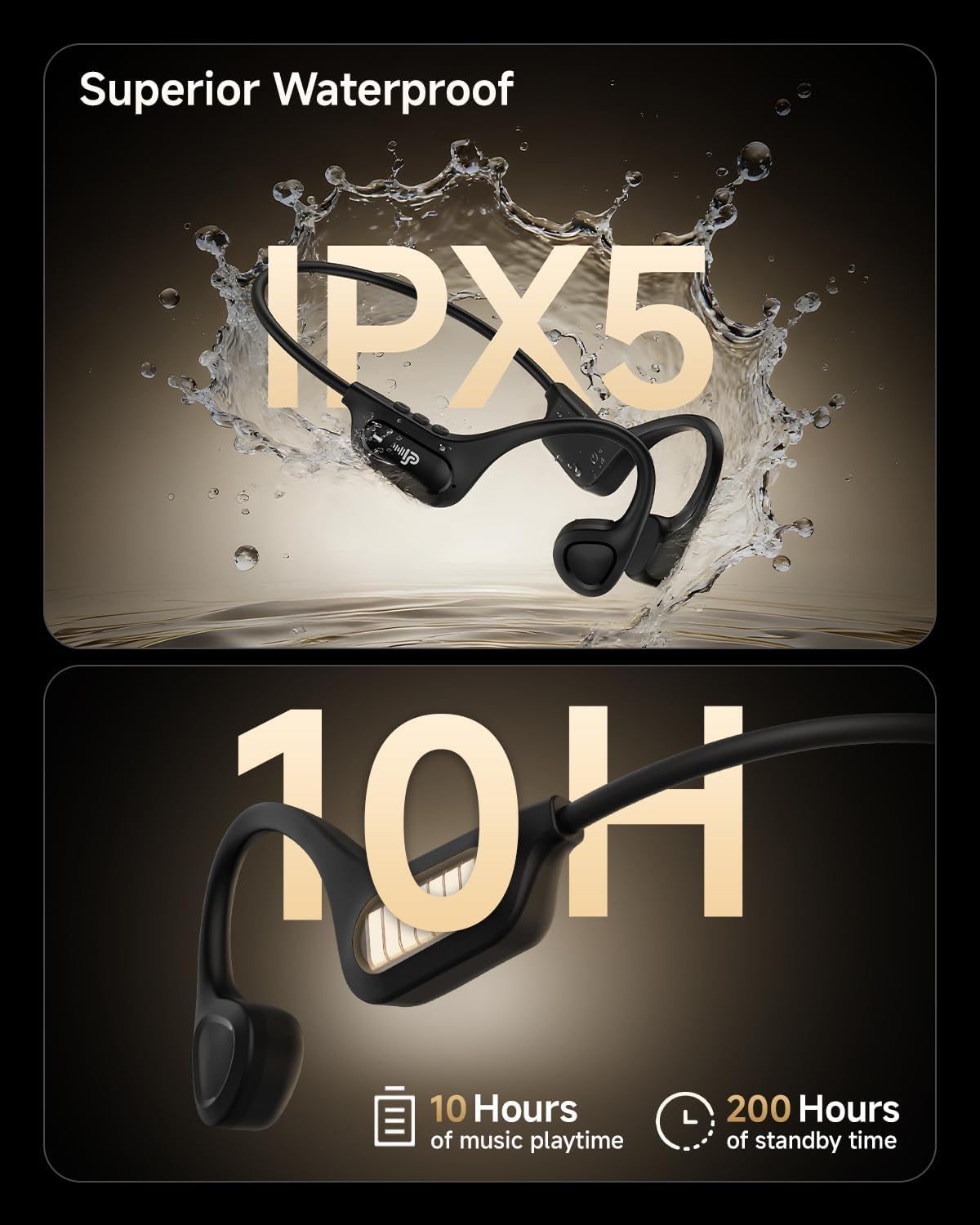 Communicates multiple key product benefits in a visually segmented layout: waterproof protection, extended music playtime, and long standby battery life to reassure shoppers of durability and…