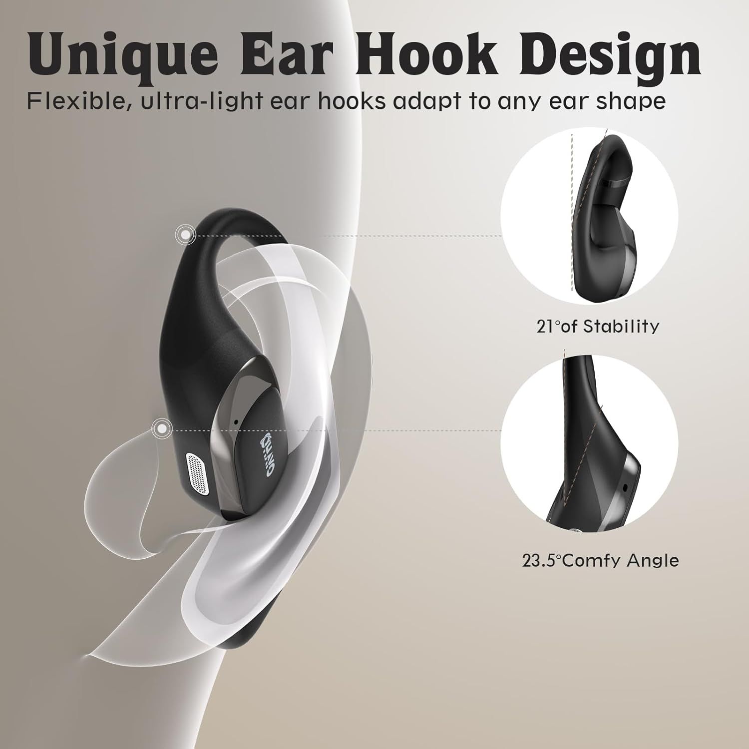 Highlights the physical design features of the ear hook, including its flexibility, stability angle, and comfort angle, to reassure shoppers that the product will fit securely and comfortably on any…