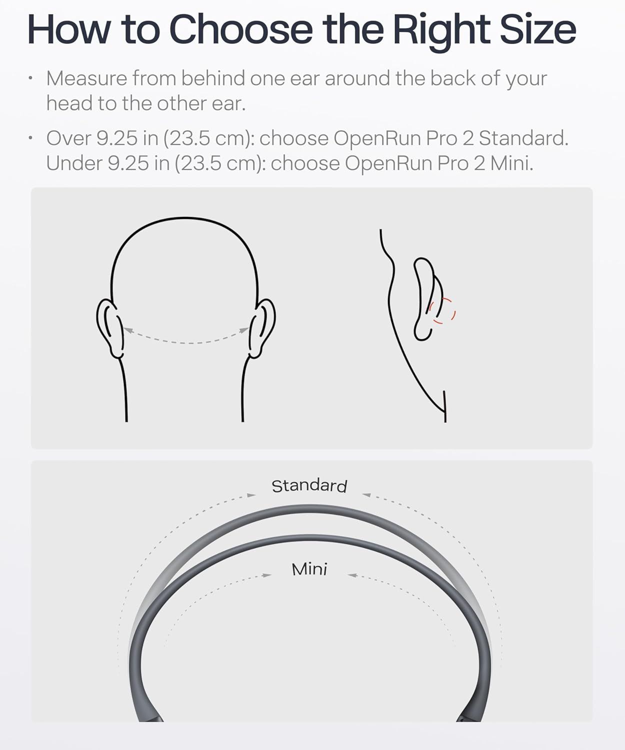 Helps shoppers choose between two size variants (Standard vs. Mini) of the same brand's product line by providing measurement instructions and visual comparison.