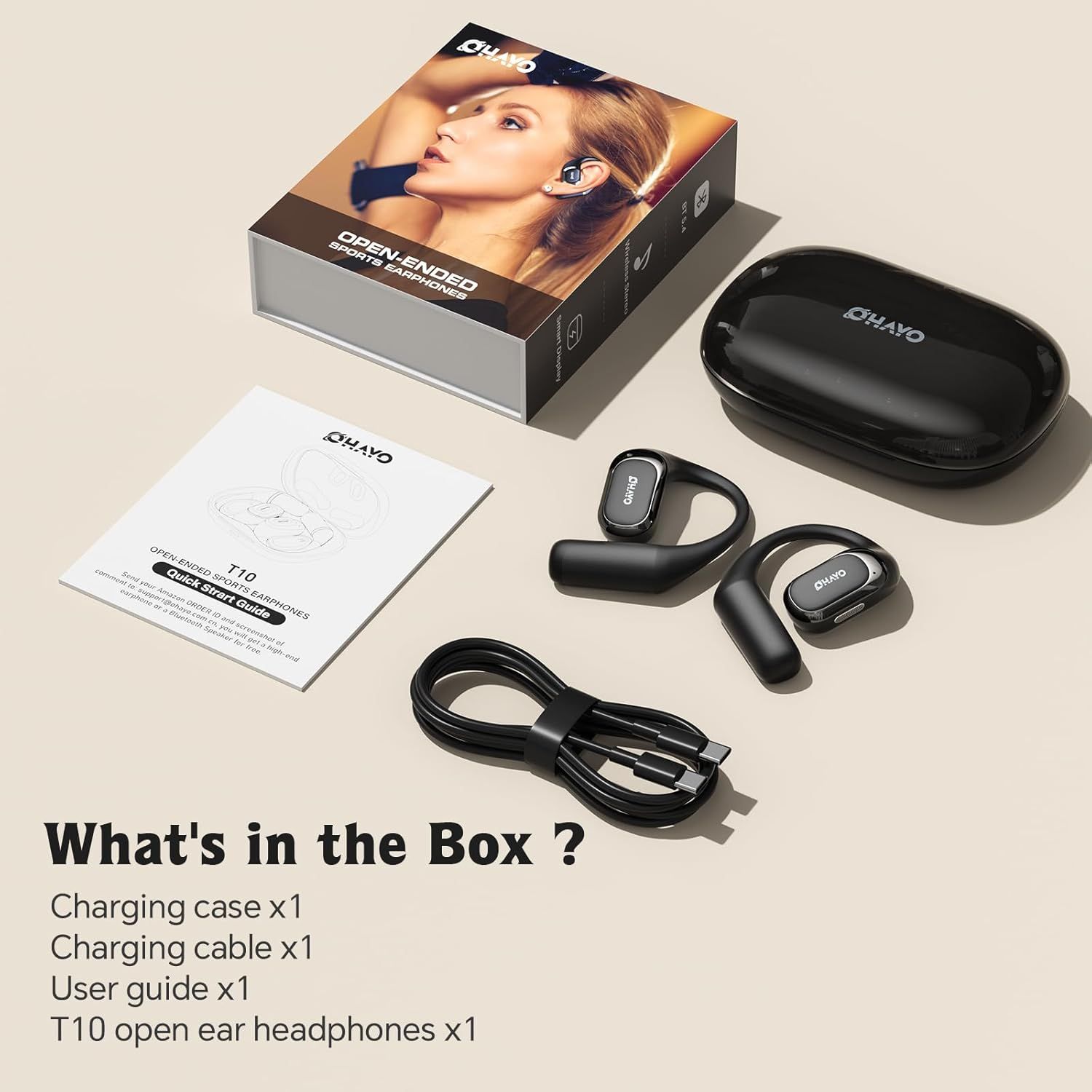 Shows the customer everything included in the purchase: the T10 open-ear headphones, charging case, charging cable, and user guide to set clear expectations and demonstrate value.