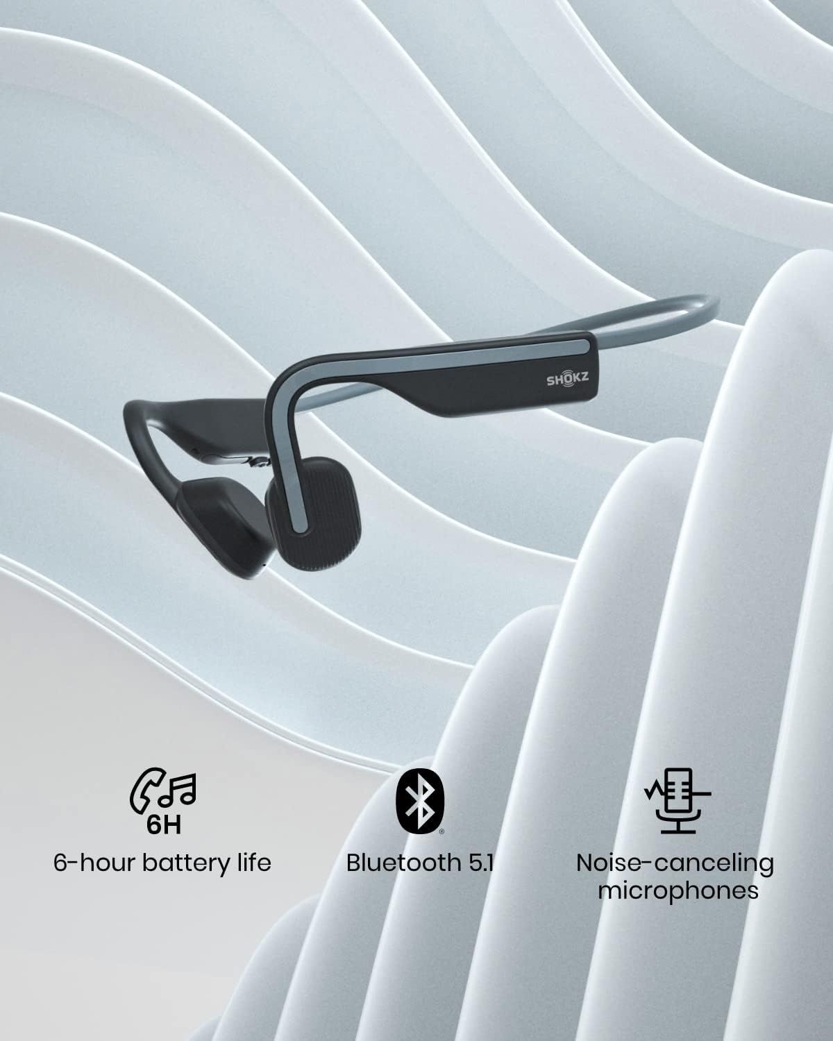 Communicates three key technical specifications and benefits of the bone conduction headphones to help shoppers understand the product's performance capabilities and connectivity features.