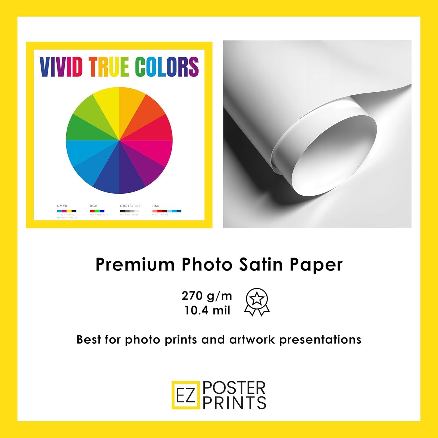Communicates the premium quality of the photo satin paper, emphasizing vivid color reproduction and material specifications to reassure shoppers about print…