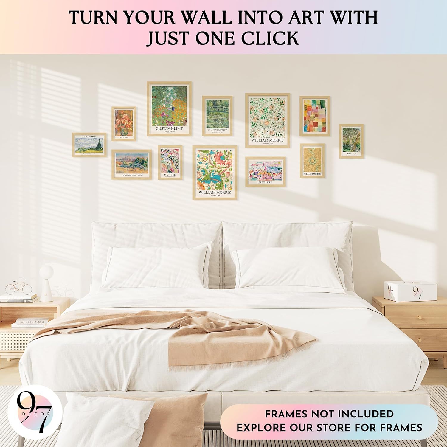 Demonstrates how the product (art prints) can be used to create an attractive gallery wall in a bedroom setting, showing shoppers the decorative potential and…