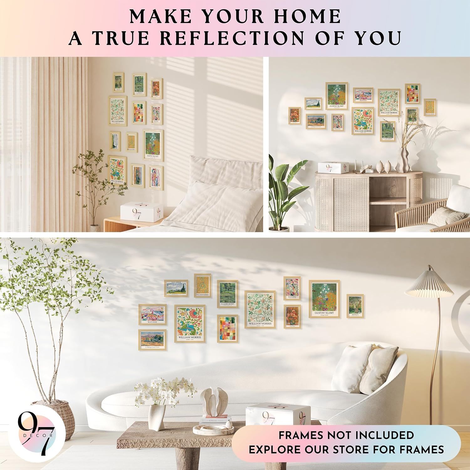 Communicates the brand's emotional positioning and showcases their product line of decorative art prints in lifestyle settings to inspire shoppers and build brand identity.