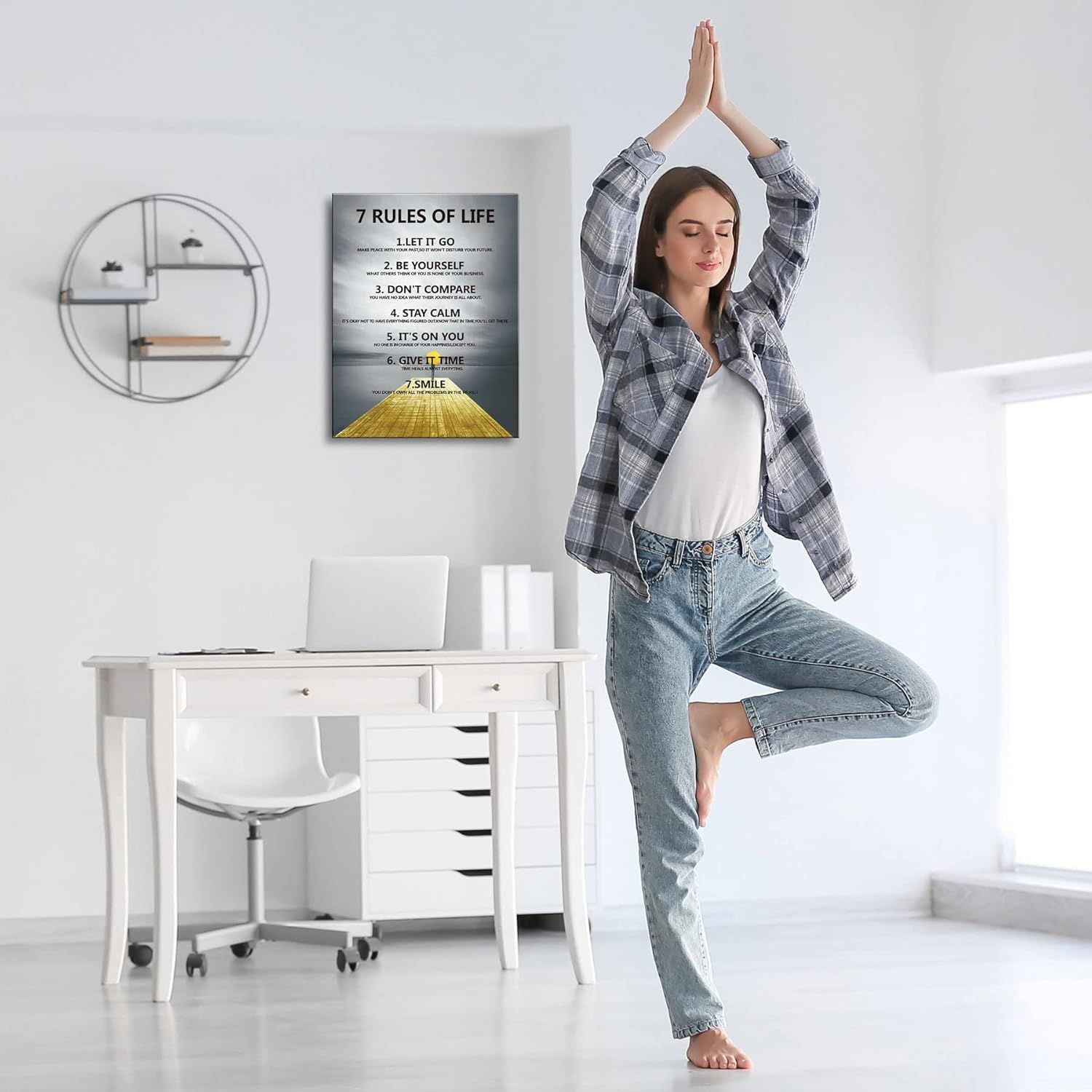 Demonstrates the product (wall art poster) in a real-world home setting to help shoppers visualize how it would look in their own space and lifestyle.
