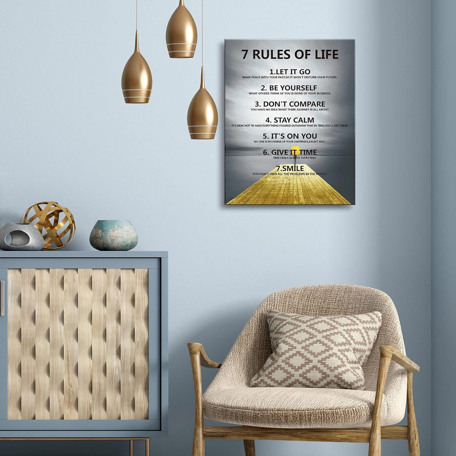 Demonstrates how the motivational wall art product looks when displayed in a real home setting, helping shoppers visualize the product in their own space.