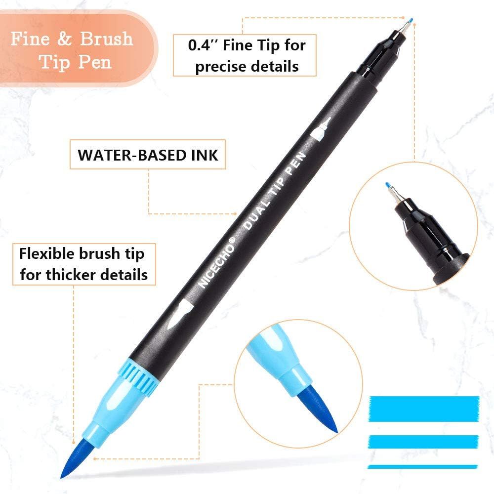 Breaks down the dual-tip pen's physical components and features to help shoppers understand the pen's versatility with both a fine tip for precise details and a flexible brush tip for thicker strokes.