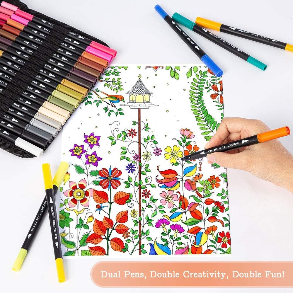 Shows everything included in the purchase—a full set of dual-tip markers in multiple colors and a sample coloring page—to help shoppers understand the complete value and contents of the kit.…