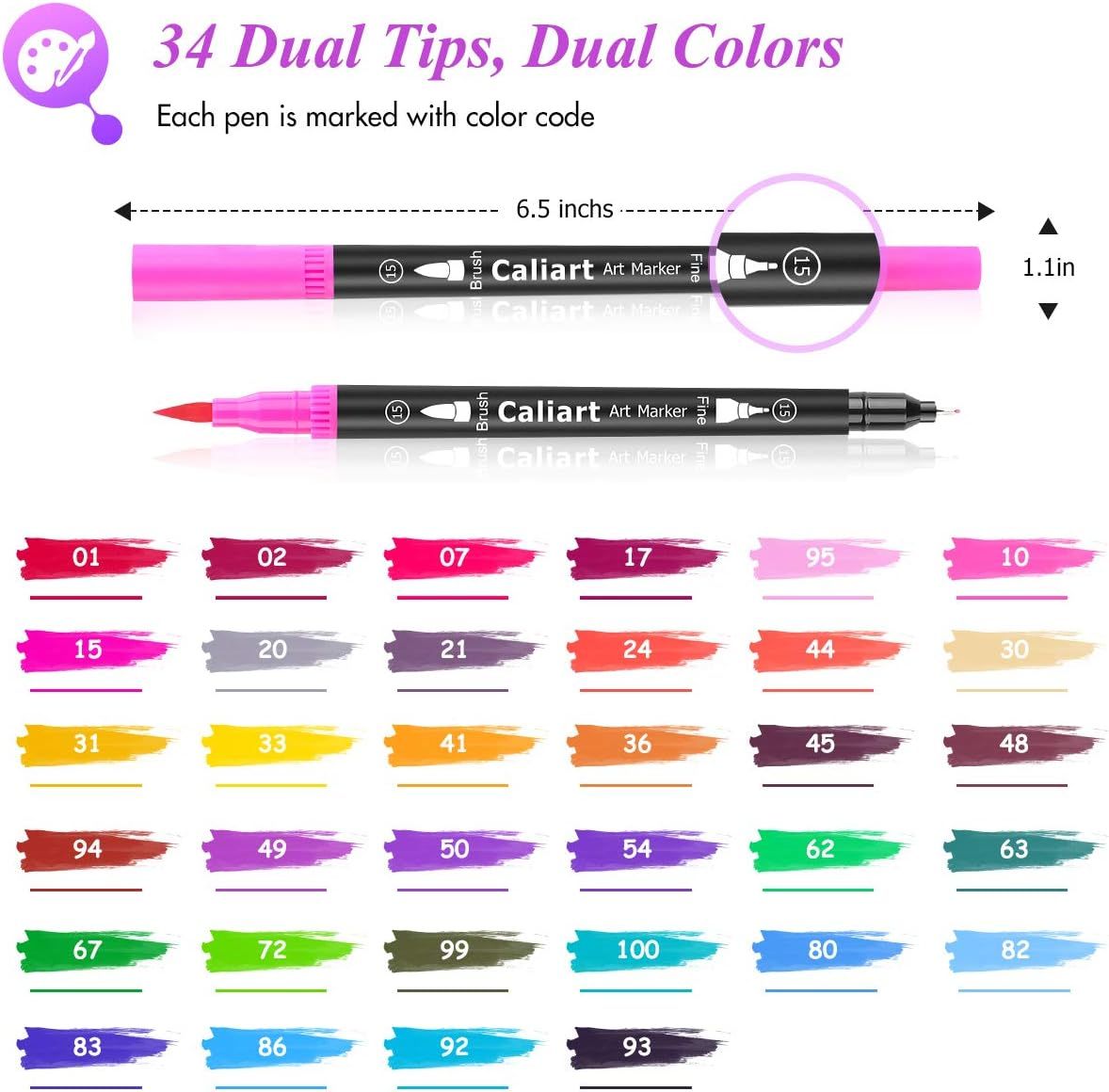 Shows the complete set of 34 dual-tip art markers with their color codes, helping shoppers understand the variety and organization of colors included in the product.