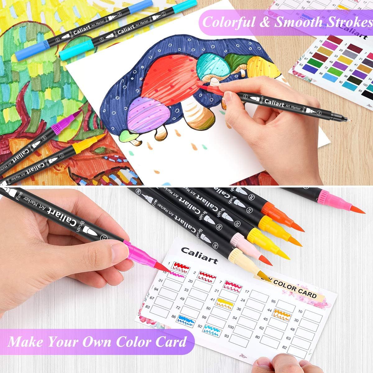 Demonstrates two key benefits of the Caliart art markers: the ability to create vibrant, smooth artwork and the functionality to create custom color reference cards for organization and planning.