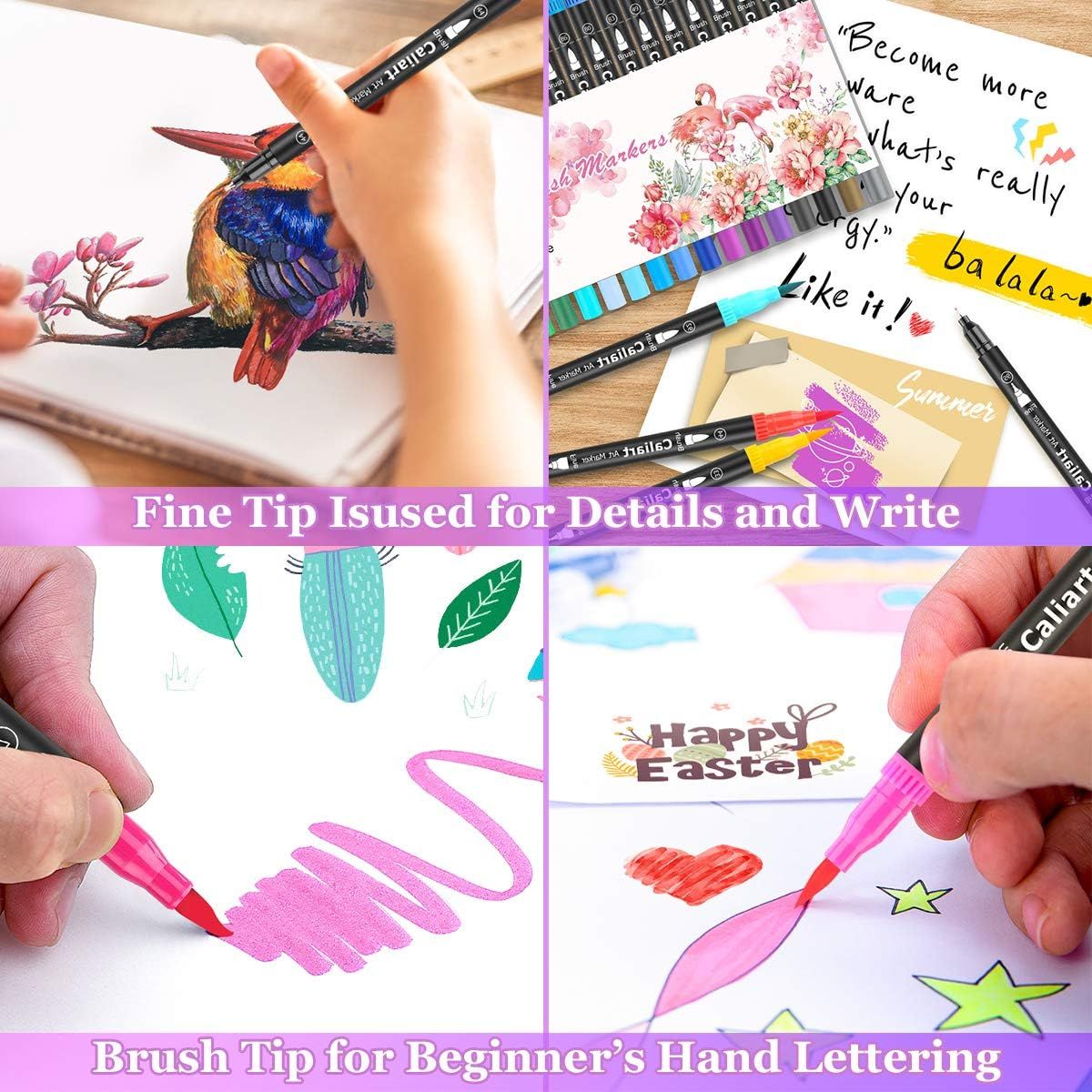 Demonstrates the dual-tip functionality of the markers, showing that the fine tip is ideal for detailed artwork and writing while the brush tip is perfect for hand lettering and calligraphy,…