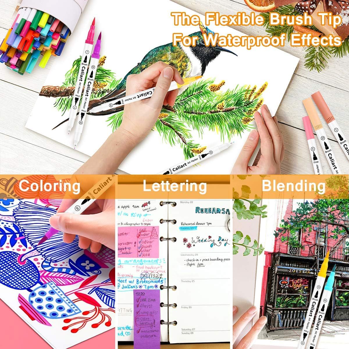 Demonstrates the versatility of the marker product by showing three distinct creative applications (coloring, lettering, and blending) to appeal to artists and crafters with different needs.