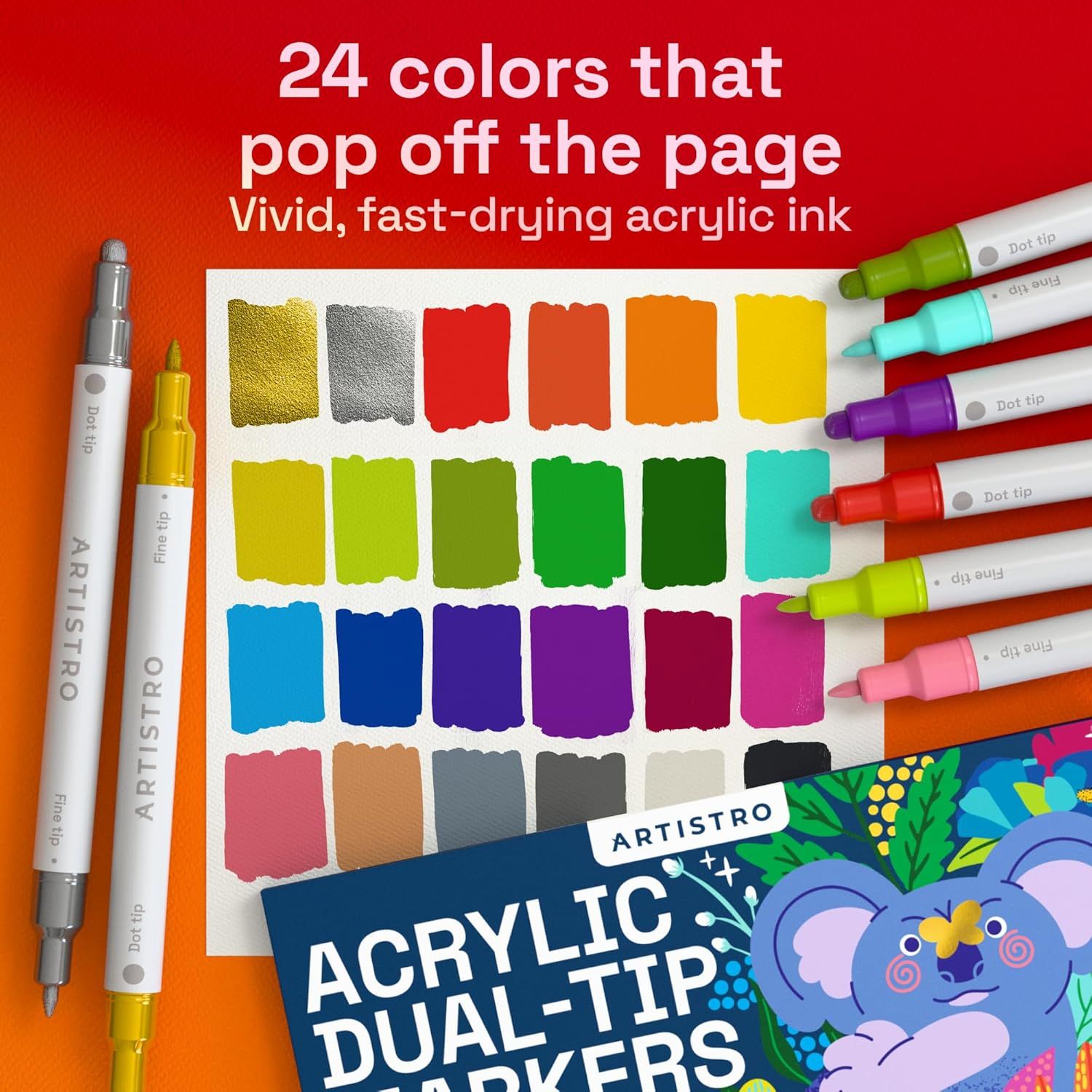 Highlights the extensive color variety (24 colors) to communicate the product's versatility and creative range, reassuring shoppers they'll have plenty of vibrant options for their projects. Shows…