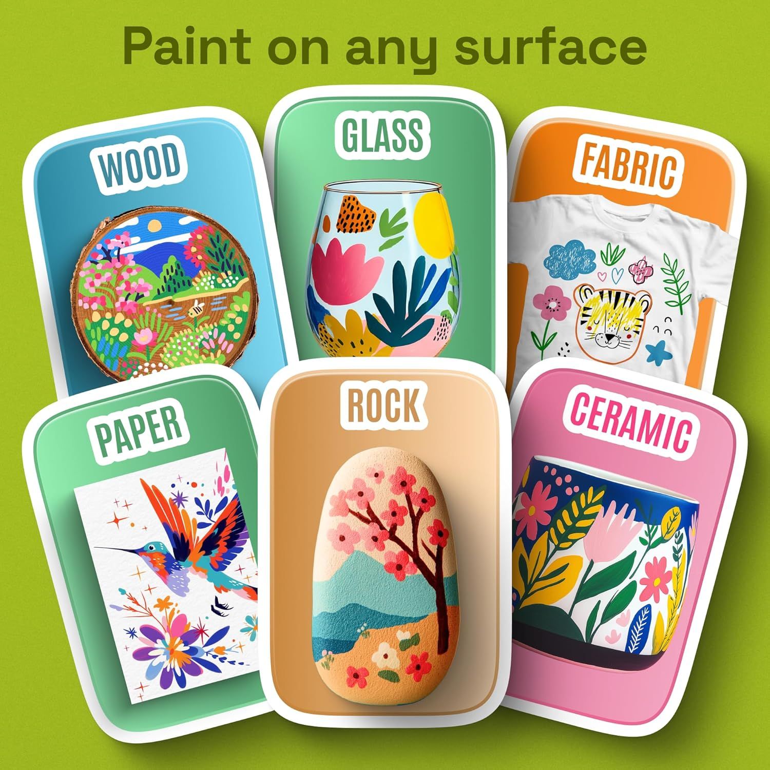 Demonstrates the product's versatility by showing it can be used on multiple different surfaces (wood, glass, fabric, paper, rock, ceramic), reassuring shoppers that this paint works across many…