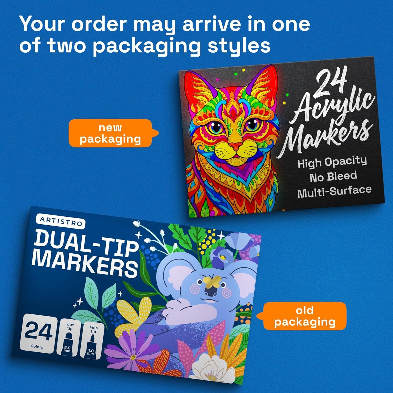 Informs shoppers that the product may arrive in one of two different packaging designs (old or new) to set expectations and avoid confusion during the brand's packaging transition.