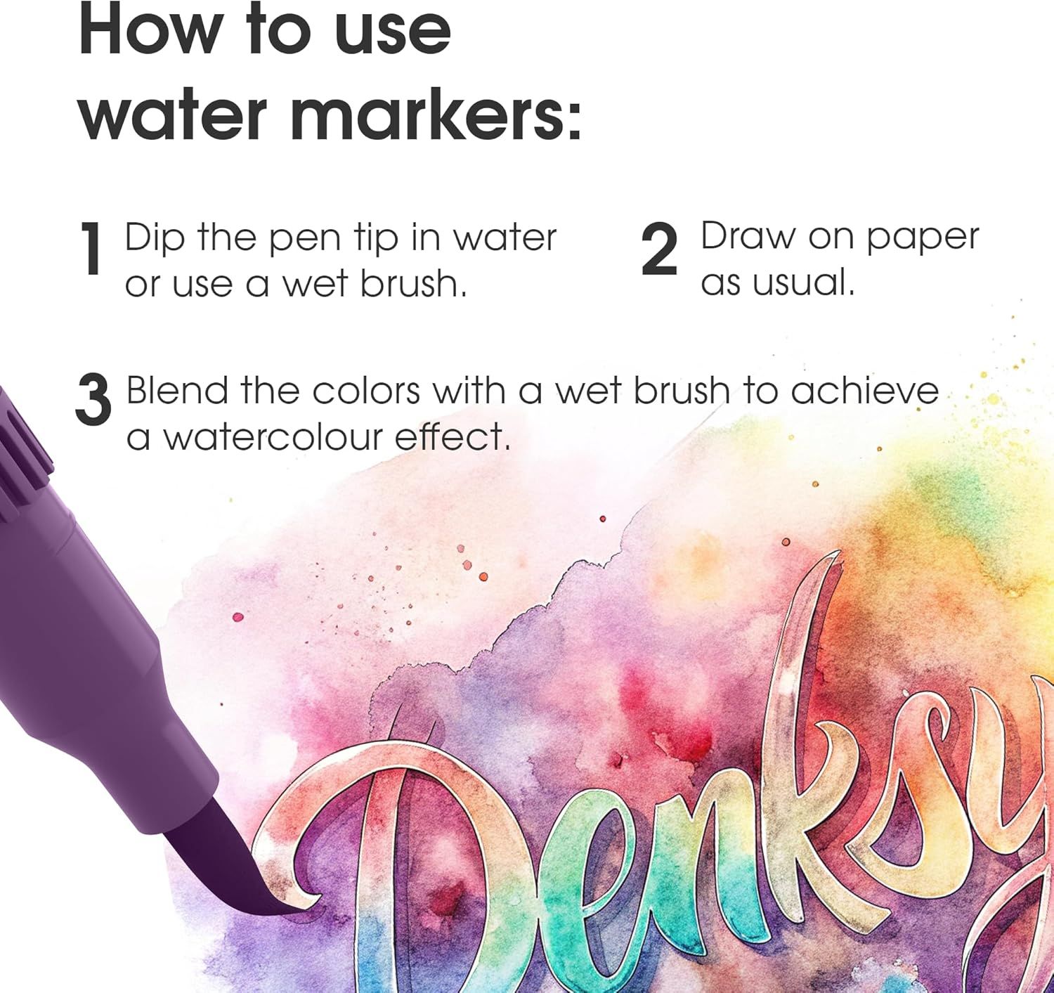 Explains how to use water markers through a clear 3-step process: dipping the pen in water, drawing on paper, and blending colors to achieve a watercolor effect. Demonstrates the key benefit of…