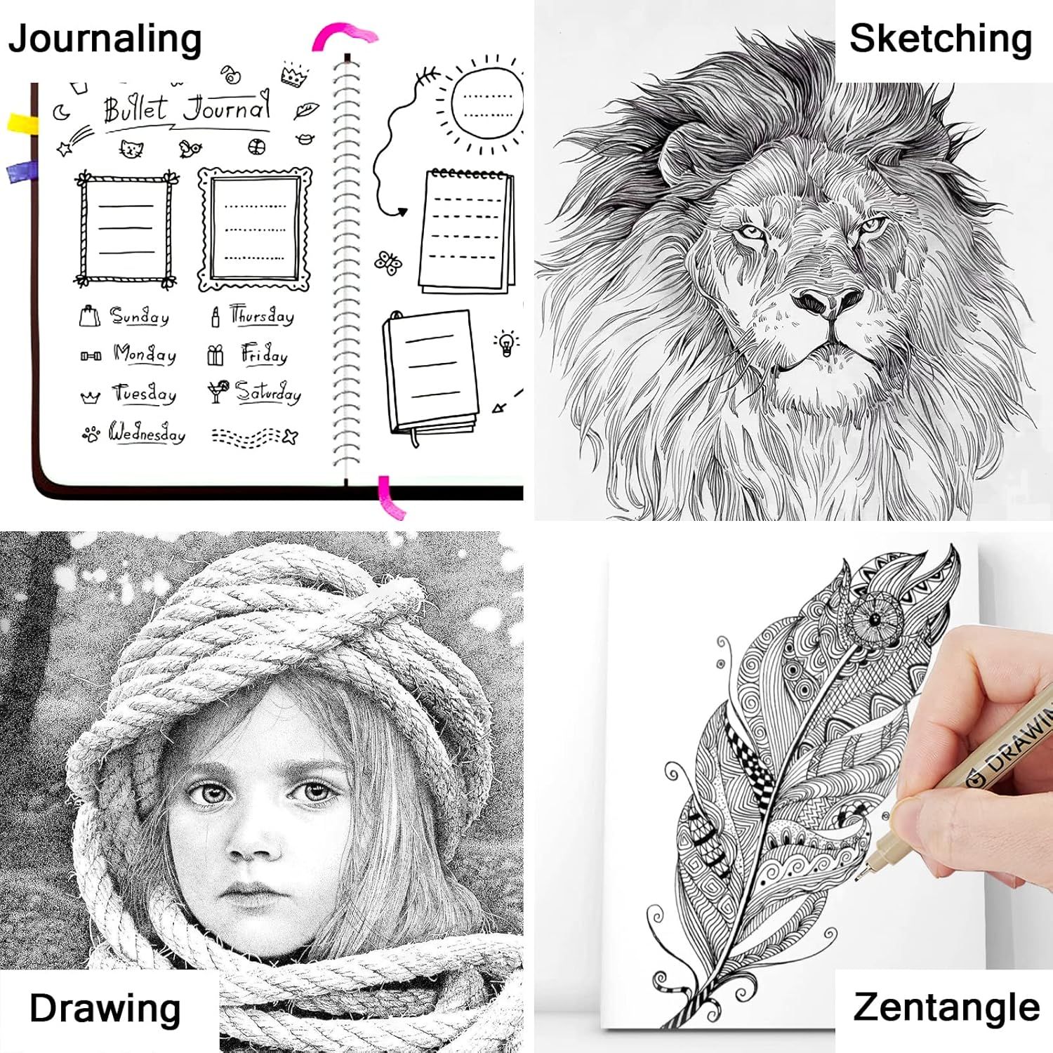 Demonstrates the versatility of the product by showcasing four distinct creative applications—journaling, sketching, drawing, and zentangle—to appeal to artists and creative users with varied…