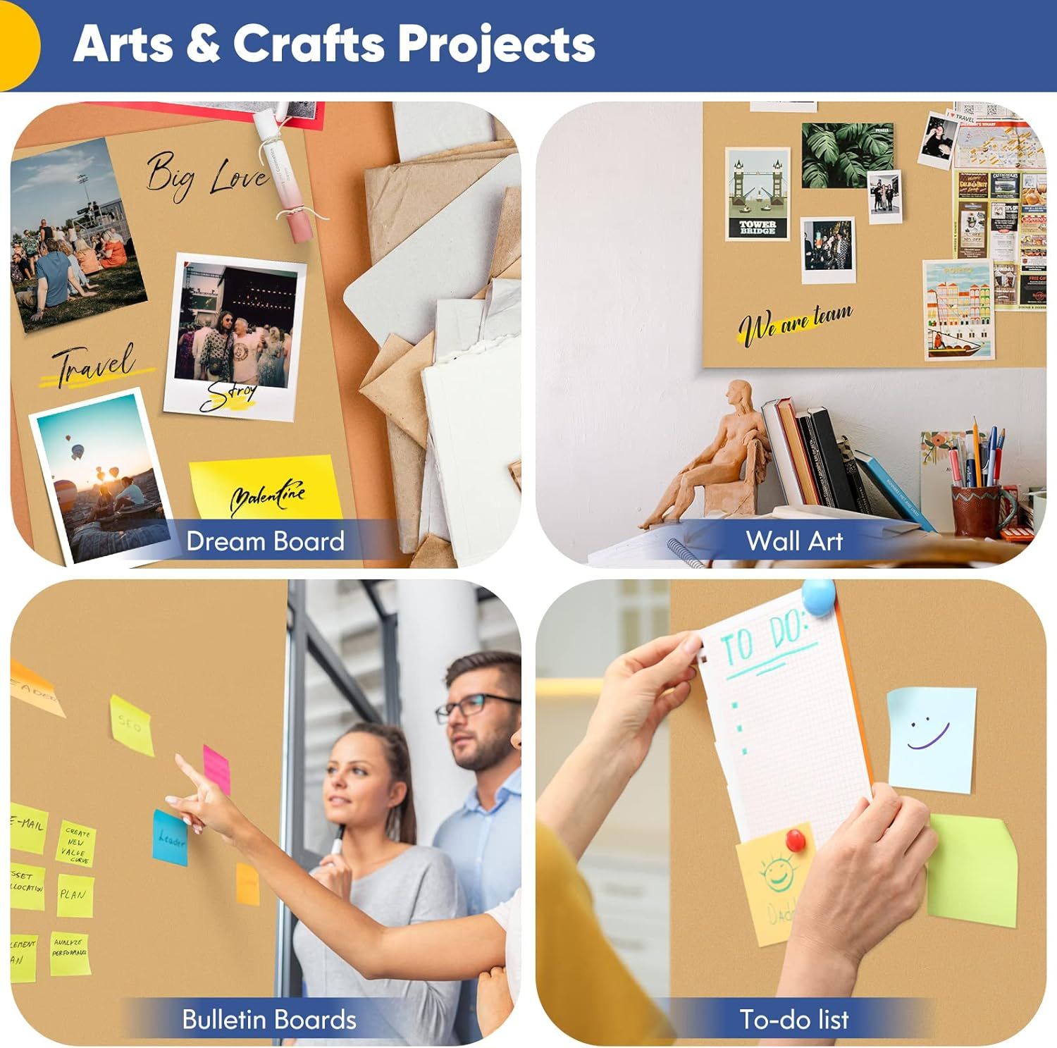 Demonstrates multiple creative use cases for the product (likely cork boards, bulletin boards, or similar organizational/display products) across different scenarios including personal inspiration…