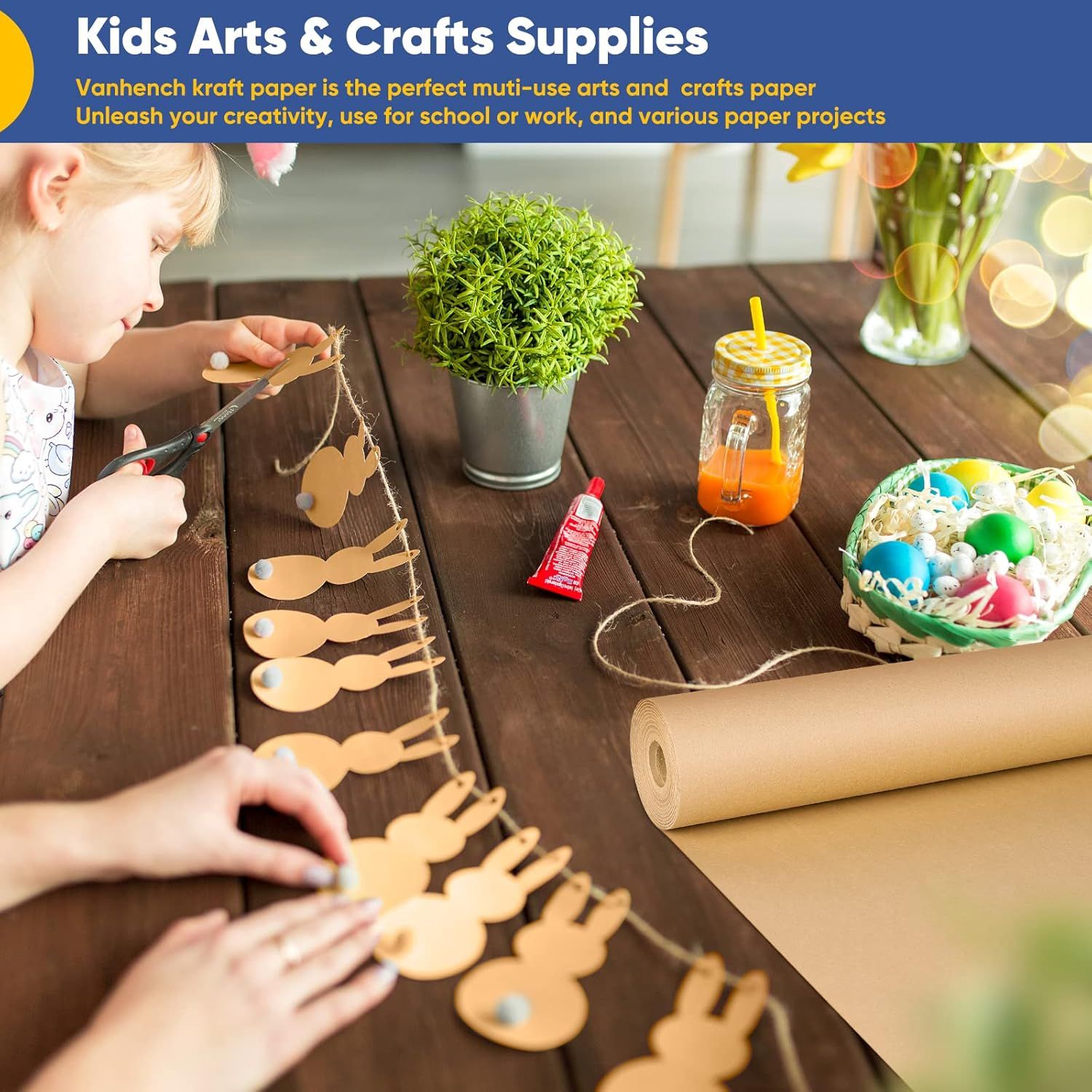 Demonstrates the versatility of the kraft paper by showing it being used in multiple creative contexts—kids crafts, decorations, and various paper projects—to communicate that this is a…