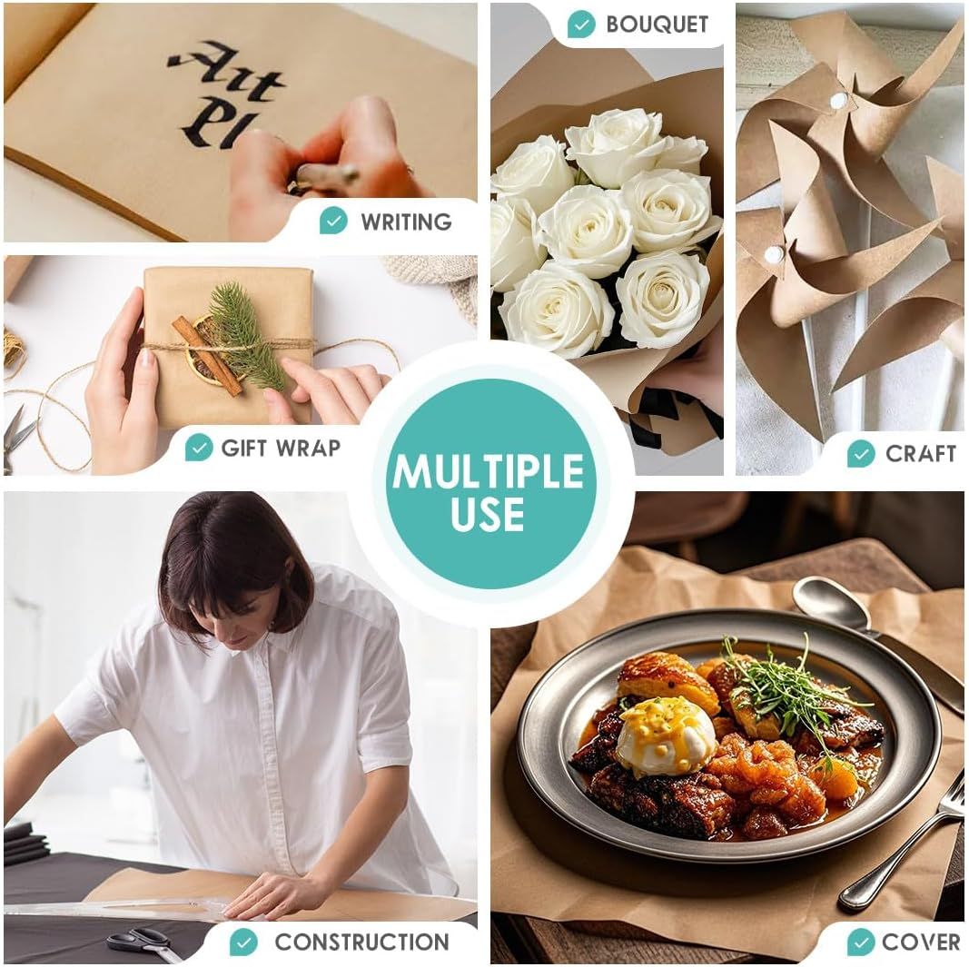 Demonstrates the versatility of the product (likely kraft paper or similar material) by showing six different real-world applications, reassuring shoppers that this is a multi-purpose product…