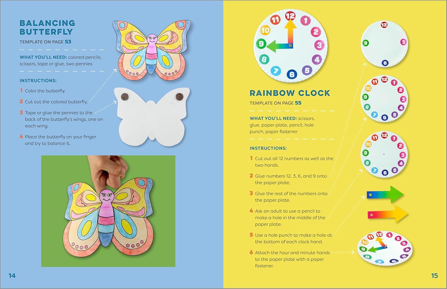 Provides clear, numbered instructions for two craft projects (balancing butterfly and rainbow clock) to help shoppers understand how to create these items step by step.