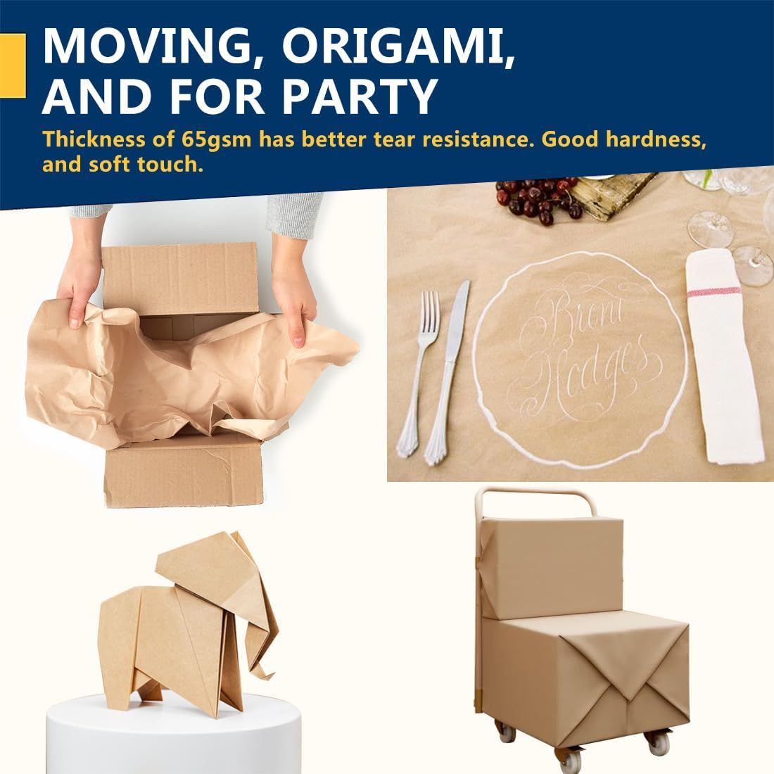 Demonstrates the versatility of the kraft paper product by showing it can be used for multiple purposes including moving/packing, party decorations, origami crafts, and storage solutions.