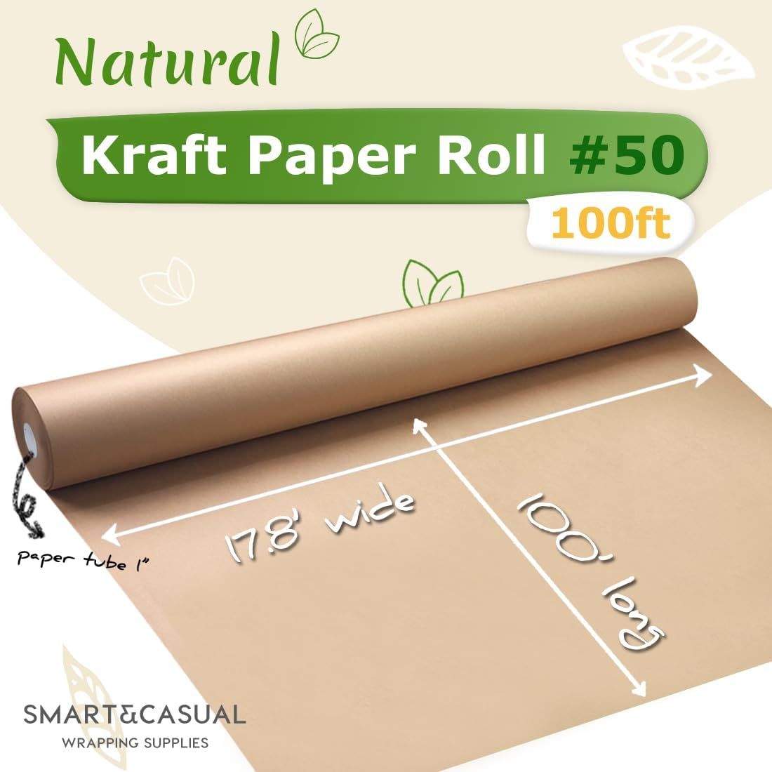 Communicates the exact physical dimensions of the kraft paper roll to help shoppers understand the size and quantity they will receive.