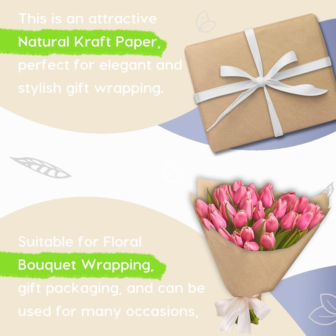 Demonstrates multiple use cases for the kraft paper product, showing it can be used for both elegant gift wrapping and floral bouquet wrapping to communicate versatility.