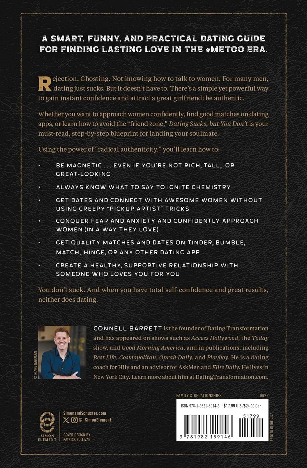 This image showcases multiple distinct benefits of a dating guide book, presenting a bulleted list of different skills and outcomes readers will gain, from building confidence to creating healthy…