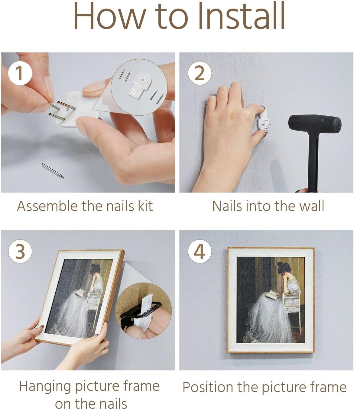 Provides clear step-by-step visual instructions showing shoppers exactly how to install and hang the picture frame using the included nails kit, reducing installation anxiety and demonstrating ease…