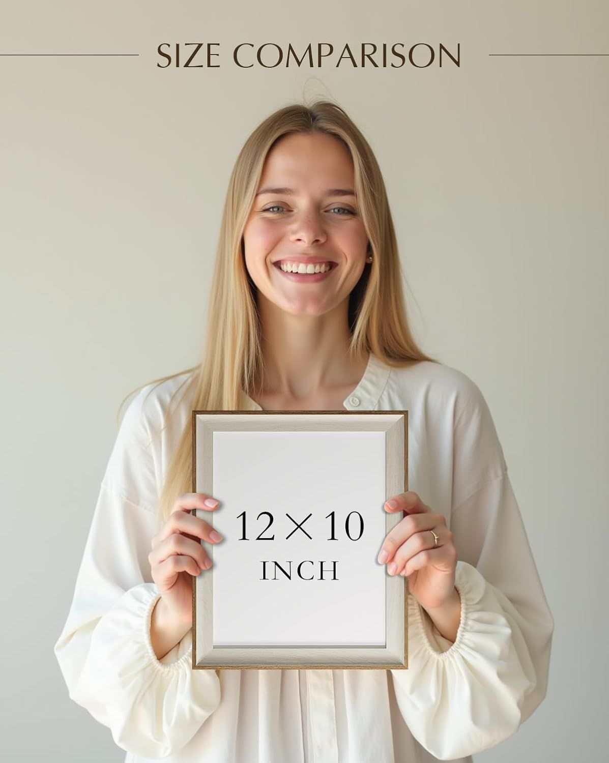 Demonstrates the physical size of the product (12 x 10 inch frame) by using a human model as a reference point, helping shoppers visualize the actual dimensions before purchase.