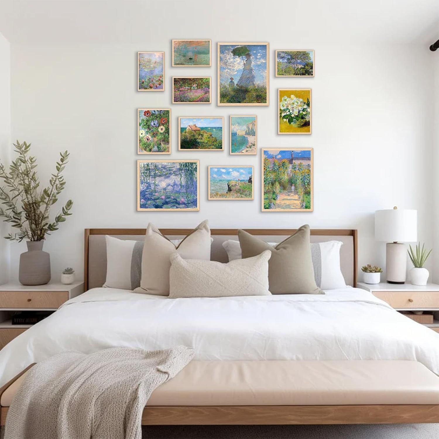 Demonstrates how the art prints look when displayed together as a gallery wall in a real bedroom setting, helping shoppers visualize the product in their own…