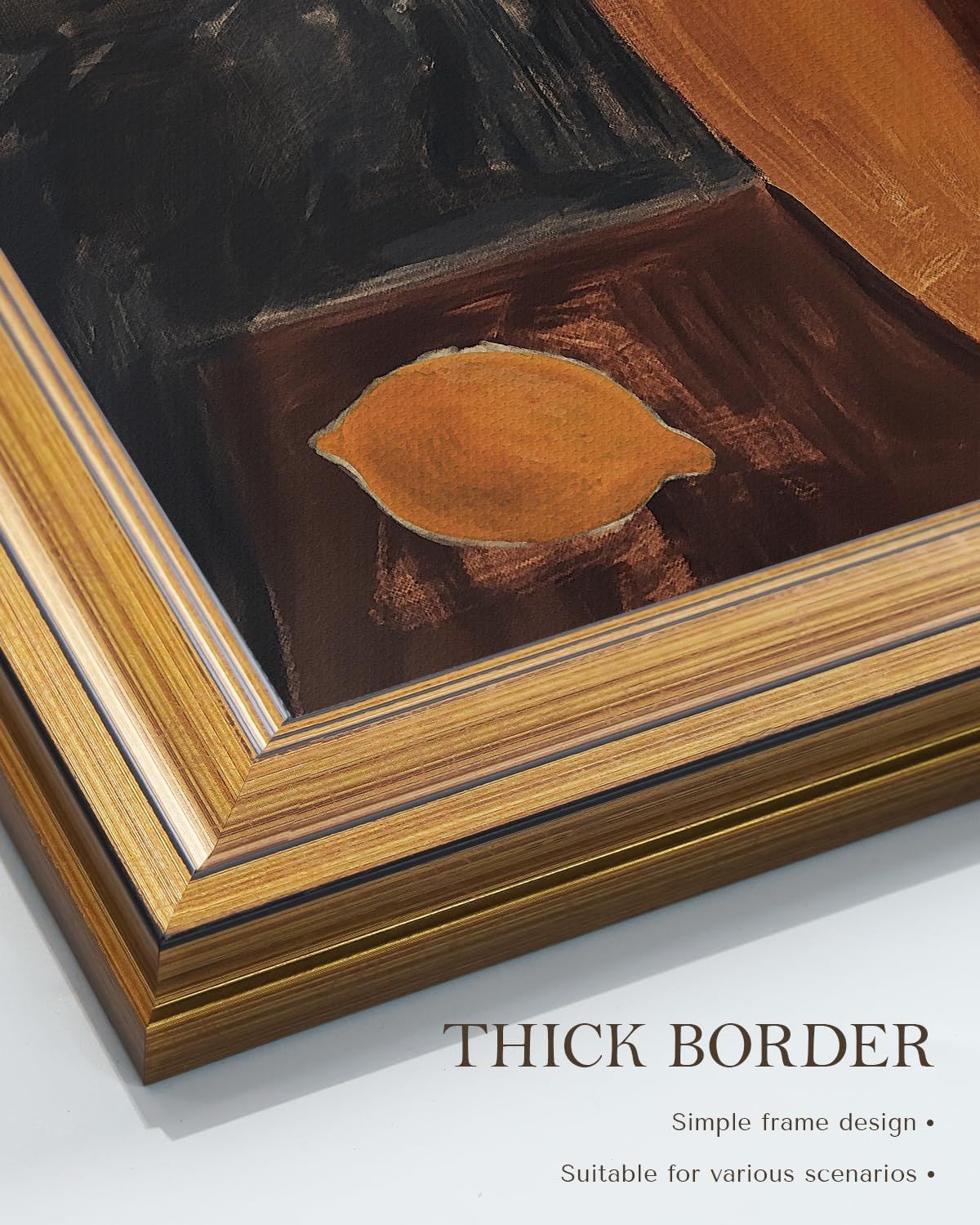 Highlights the thick, decorative border of the frame as a key design feature, reassuring shoppers that it offers a premium, substantial look suitable for…